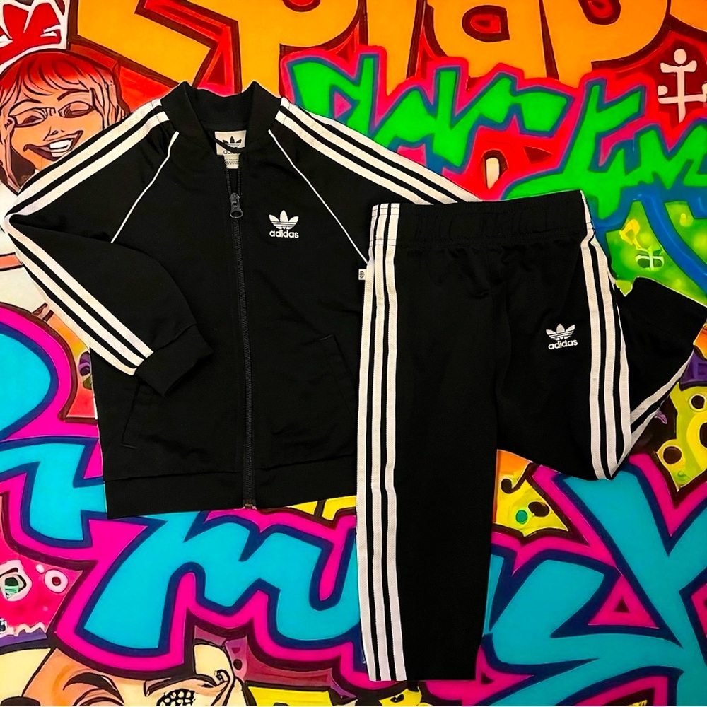 ADIDAS Toddler Original 3-Stripe Tracksuit 2T/3T Black White Set EUC